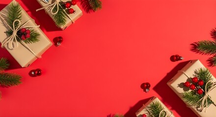 Christmas fir branches and red gift boxes  on red background. Xmas and New Year greeting card,  Flat lay