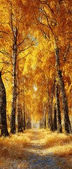 Fototapeta premium Autumn's golden embrace: strolling down a serene birch-lined path. Blockbuster art. Red-tinged leaves on a birch lane: autumn's warm yet frosty pathway. Blockbuster poster. Adventure poster.