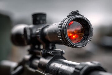 Rifle scope sight placed on a firearm for precise aiming during shooting practice at an outdoor range