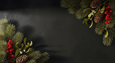 dark christmas background with spruce branches and cones