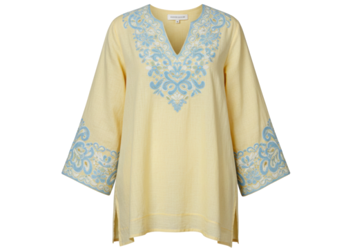 Isolated elegant pastel yellow tunic with beautiful embroidery, chic V-neck, for woman
