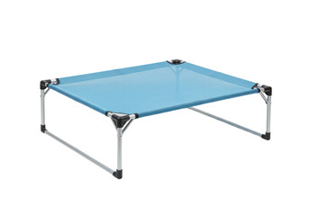 Isolated pet elevated bed on legs, modern dog cot, blue canvas platform bed for animals