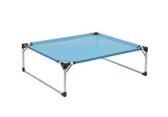 Isolated pet elevated bed on legs, modern dog cot, blue canvas platform bed for animals