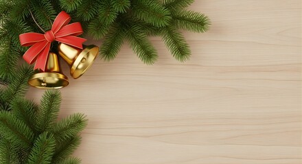 Christmas background with xmas tree branches and christmas bells on wooden background.  Happy New Year. Space for text