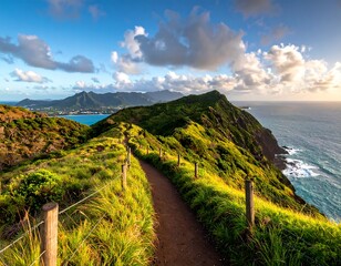 Coastal hiking trail with ocean views and distant mountains under a cloudy sky