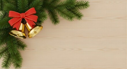 Christmas background with tree  branches and christmas bells on wooden background with space for text
