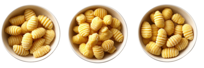 Three bowls filled with grooved, yellow, oval dumplings