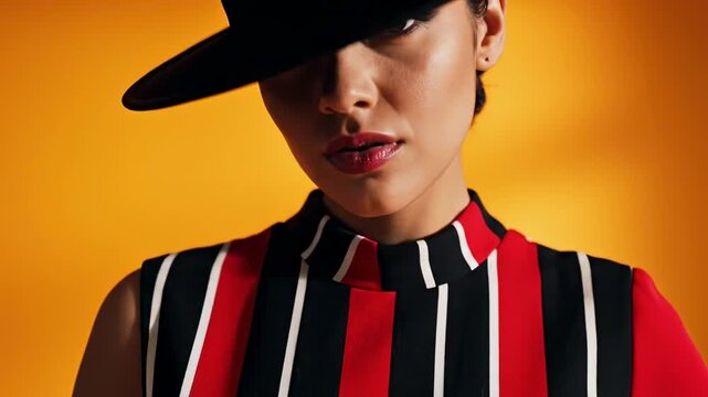50s style women - A fashion-forward figure wears a wide-brimmed black hat that shadows the eyes paired with a redblack striped top and a white panel set against a warm amber background with panache