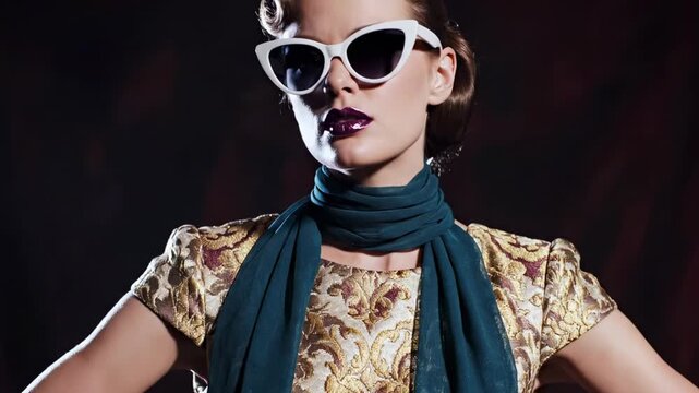50s style women - Glamorous figure poses against a dark backdrop, wearing a gold brocade top, a teal scarf, white cat-eye sunglasses, bold makeup, and a poised, confident stance. With soft lighting