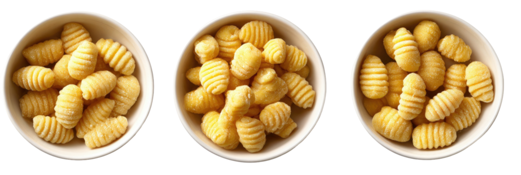 Three bowls filled with grooved, yellow, oval dumplings