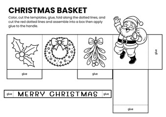 Christmas Santa basket craft templates for kids! A fun DIY coloring activity for holiday classrooms or home use. Perfect printable craft to color, cut, and assemble for festive celebrations.