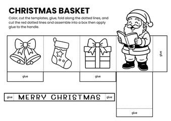 Christmas Santa basket craft templates for kids! A fun DIY coloring activity for holiday classrooms or home use. Perfect printable craft to color, cut, and assemble for festive celebrations.