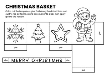 Christmas Santa basket craft templates for kids! A fun DIY coloring activity for holiday classrooms or home use. Perfect printable craft to color, cut, and assemble for festive celebrations.