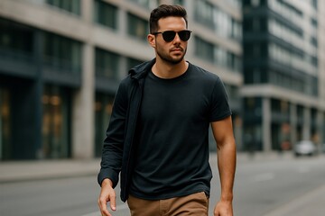 Realistic urban fashion photo of a confident man walking on a city street, wearing casual outfit with sunglasses, natural daylight, blurred modern building background, ultra-realistic 8k, no text, no 