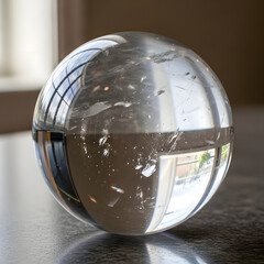 A close-up view of a transparent glass sphere resting on a reflective surface, reflecting a room environment.