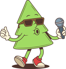 A cool cartoon Christmas tree character mascot vector illustration wearing sunglasses. festive mascot holds a microphone and gives a thumbs up gesture. Perfect for music events and holiday promotions