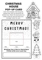 Fototapeta premium Christmas house pop-up card craft templates for kids! A fun DIY coloring and folding activity to create festive greeting cards. Perfect for classroom crafts, holiday gifts, and home projects.