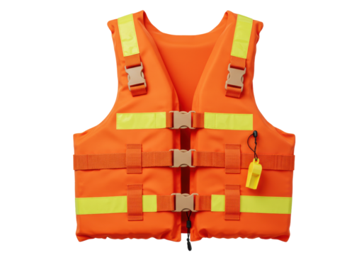 Isolated orange life jacket with yellow stripes and a whistle for water safety boating