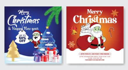 Christmas Celebration and New Year Party social media post design bundle, Christmas sale square flyer and poster template for sale discount promotion web banner with 3d Santa Christmas background