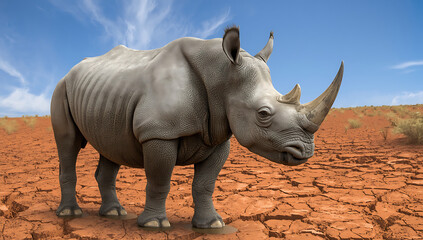 realistic rhinoceros standing on dry land, powerful wild animal in natural habitat with rough gray skin and strong presence