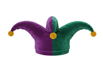 Isolated harlequin jester hat, classic velvet cap for carnival or festival dress-up costumes