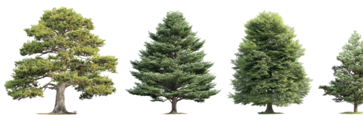 Four diverse trees stand isolated on a black backdrop