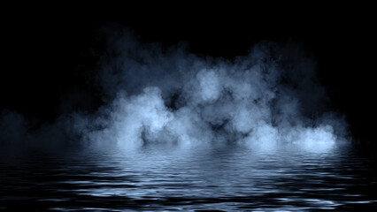 Blue abstract smoke steam moves on black background texture . The concept of aromatherapy. Reflection on water. Stock illustration.