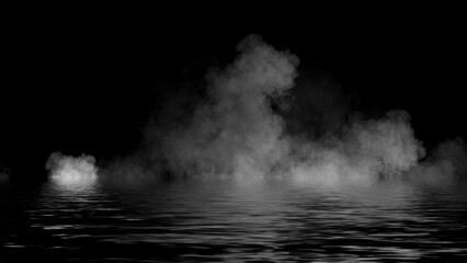 Abstract smoke steam moves on black background texture . The concept of aromatherapy. Reflection on water. Stock illustration.