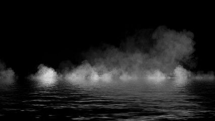 Abstract smoke steam moves on black background texture . The concept of aromatherapy. Reflection on water. Stock illustration.