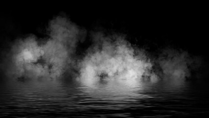 Abstract smoke steam moves on black background texture . The concept of aromatherapy. Reflection on water. Stock illustration.