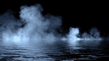 Blue abstract smoke steam moves on black background texture . The concept of aromatherapy. Reflection on water. Stock illustration.