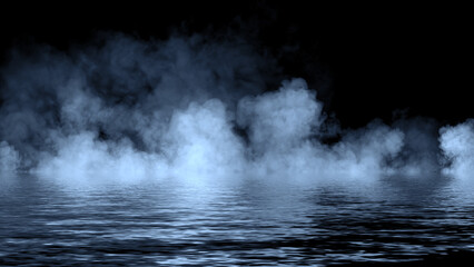 Blue abstract smoke steam moves on black background texture . The concept of aromatherapy. Reflection on water. Stock illustration.
