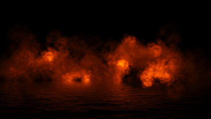 Fire abstract smoke steam moves on black background texture . The concept of aromatherapy. Reflection on water. Stock illustration.