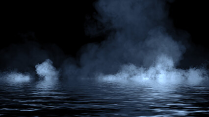 Blue abstract smoke steam moves on black background texture . The concept of aromatherapy. Reflection on water. Stock illustration.