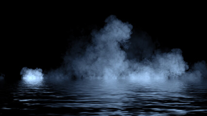Blue abstract smoke steam moves on black background texture . The concept of aromatherapy. Reflection on water. Stock illustration.