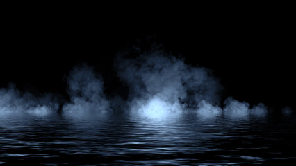 Blue abstract smoke steam moves on black background texture . The concept of aromatherapy. Reflection on water. Stock illustration.