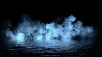 Blue abstract smoke steam moves on black background texture . The concept of aromatherapy. Reflection on water. Stock illustration.