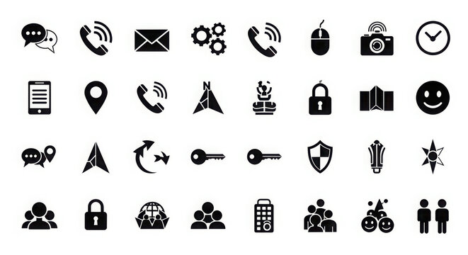 Collection of 32 diverse black and white modern icons representing communication technology business and lifestyle concepts