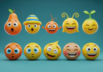 Diverse set of 3d expressive emotive fruit and vegetable characters with happy faces