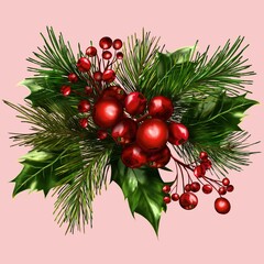 Christmas Pine and Holly Arrangement with Red Berries