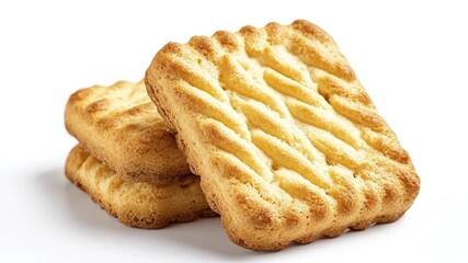 A tempting stack of golden-brown rectangular biscuits, featuring an inviting ridged texture, is elegantly presented against a pristine white background. Each shortbread-style cookie displays a perfect