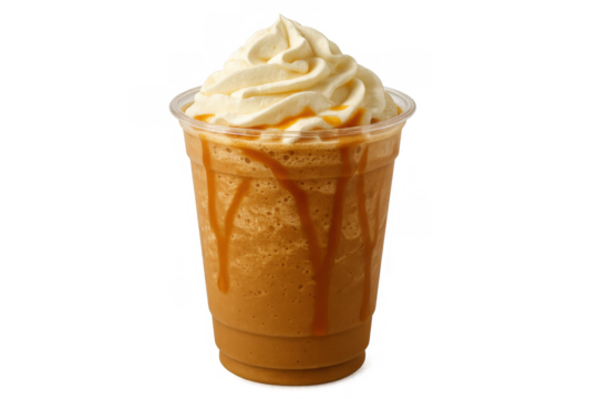 Caramel coffee frappe drink with whipped cream on transparent background, refreshing frozen beverage