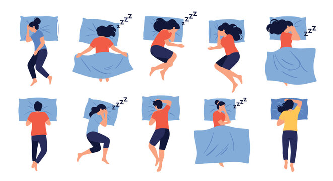 Collection of diverse people sleeping in various common and comfortable positions in bed, showcasing different sleep postures for relaxation.
