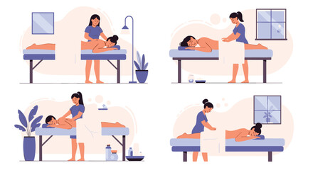 Massage therapists providing relaxing body treatments to diverse clients in a serene spa environment, promoting wellness and stress relief.