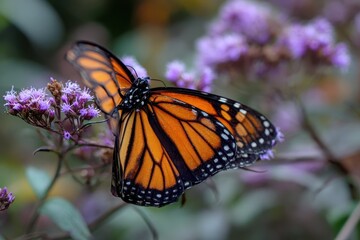 Fototapeta premium Endangered monarch butterfly pollinates vibrant purple flowers in a natural habitat ideal for conservation