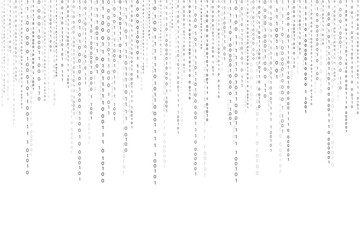 Binary code rain background. Digital numbers 0 and 1 pattern. Vector abstract technology grey futuristic backdrop. Falling script bg