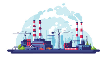 Obraz premium Industrial landscape with factories, smoke stacks, and cranes emitting smoke into the sky, depicting heavy industry and pollution.