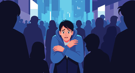 Anxious young man overwhelmed by a crowded urban environment, visibly distressed and sweating from a panic attack.