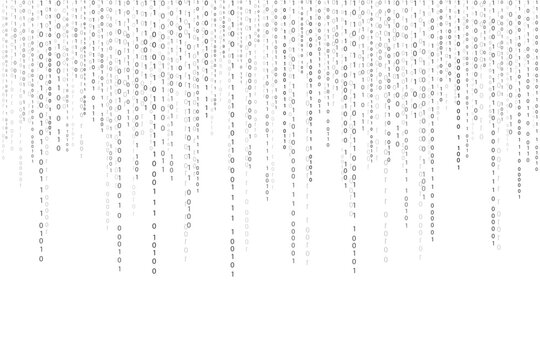 Binary code rain background. Digital numbers 0 and 1 pattern. Vector abstract technology grey futuristic backdrop. Falling script bg