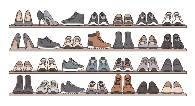 A diverse collection of men's and women's shoes, boots, sneakers, and heels neatly arranged on multiple wooden shelves. - Powered by Adobe